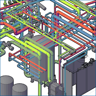 3D-CAD-Modell einer technischen Gebäudeausrüstung mit Rohrleitungen